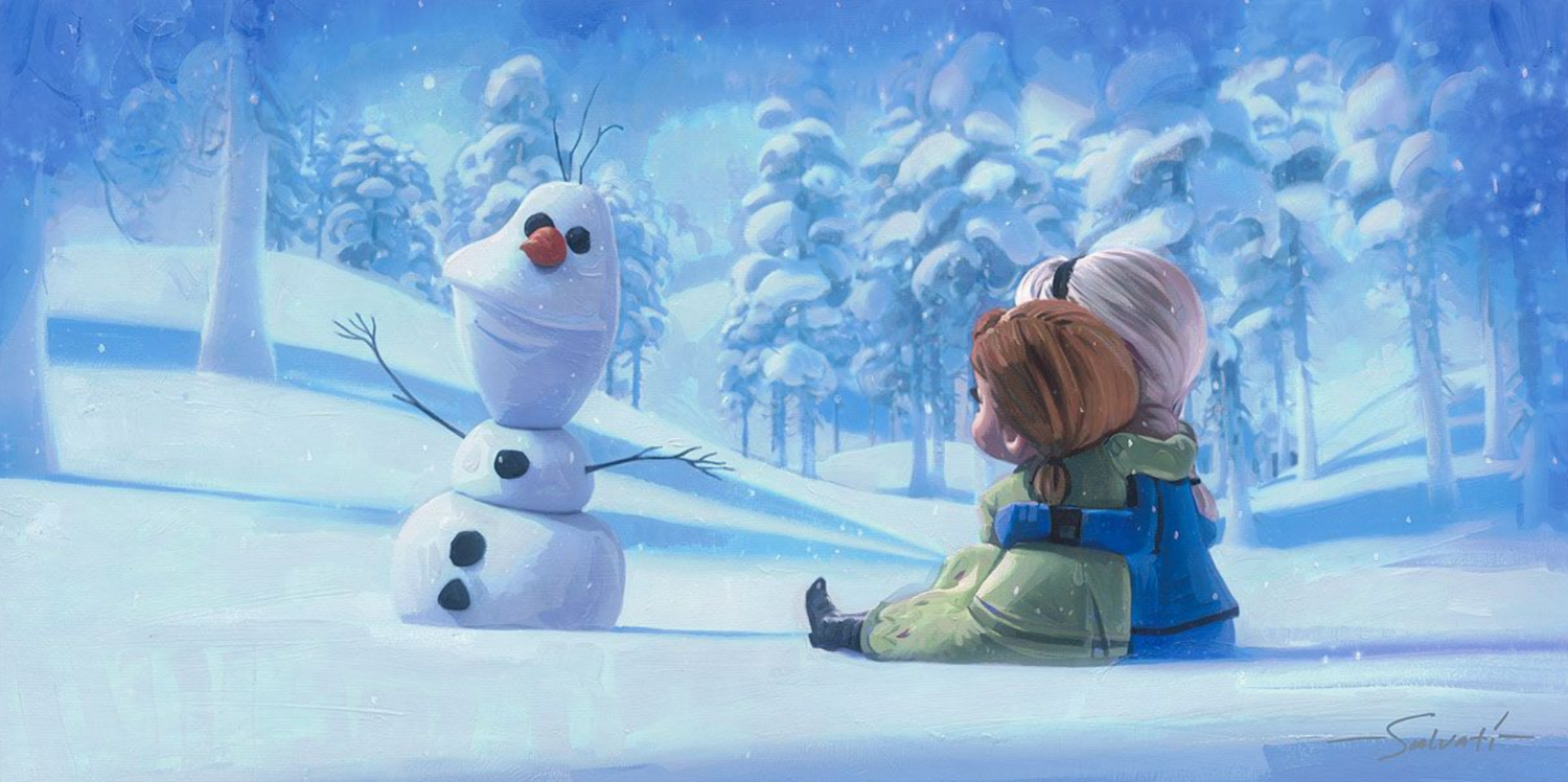 Memories of Magic by Jim Salvati.  The younger sisters Elsa and Anna sit and watch the magical snowman Olaf come to life.