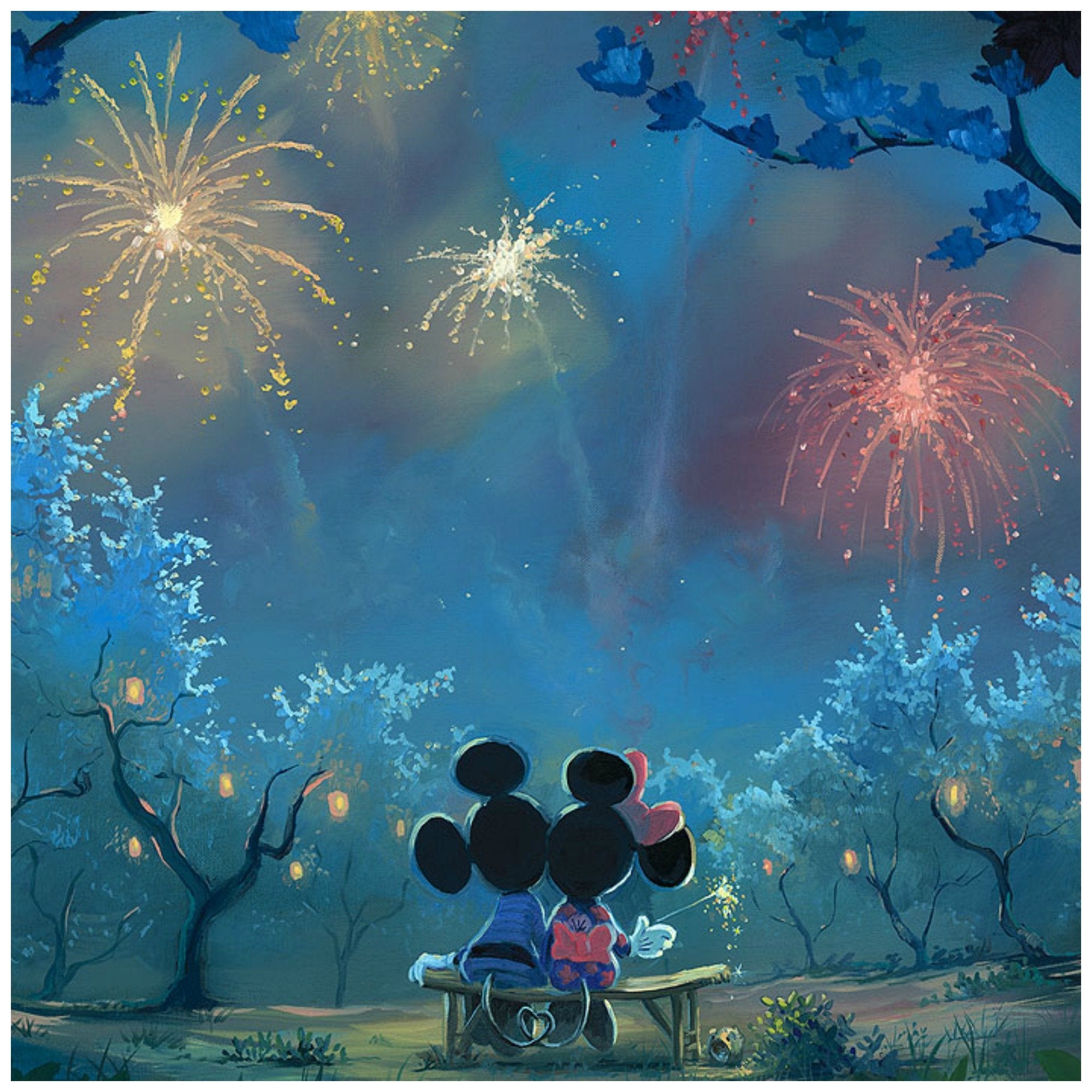 Memories of Summer by Rob Kaz.  Mickey and Minnie sitting on a bench watching the spectacular firework's celebration lighting-up the night sky - closeup