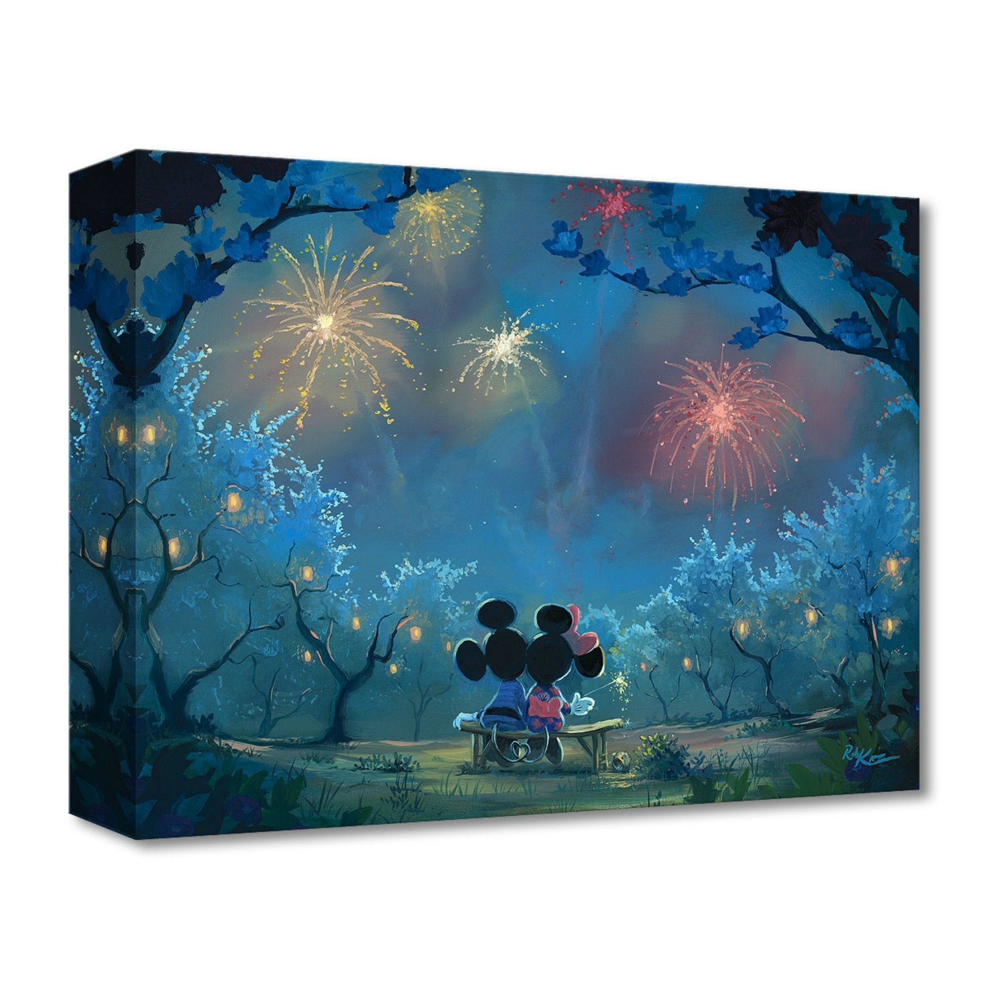 Memories of Summer by Rob Kaz.  Mickey and Minnie sitting on a bench watching the spectacular firework's celebration lighting-up the night sky.