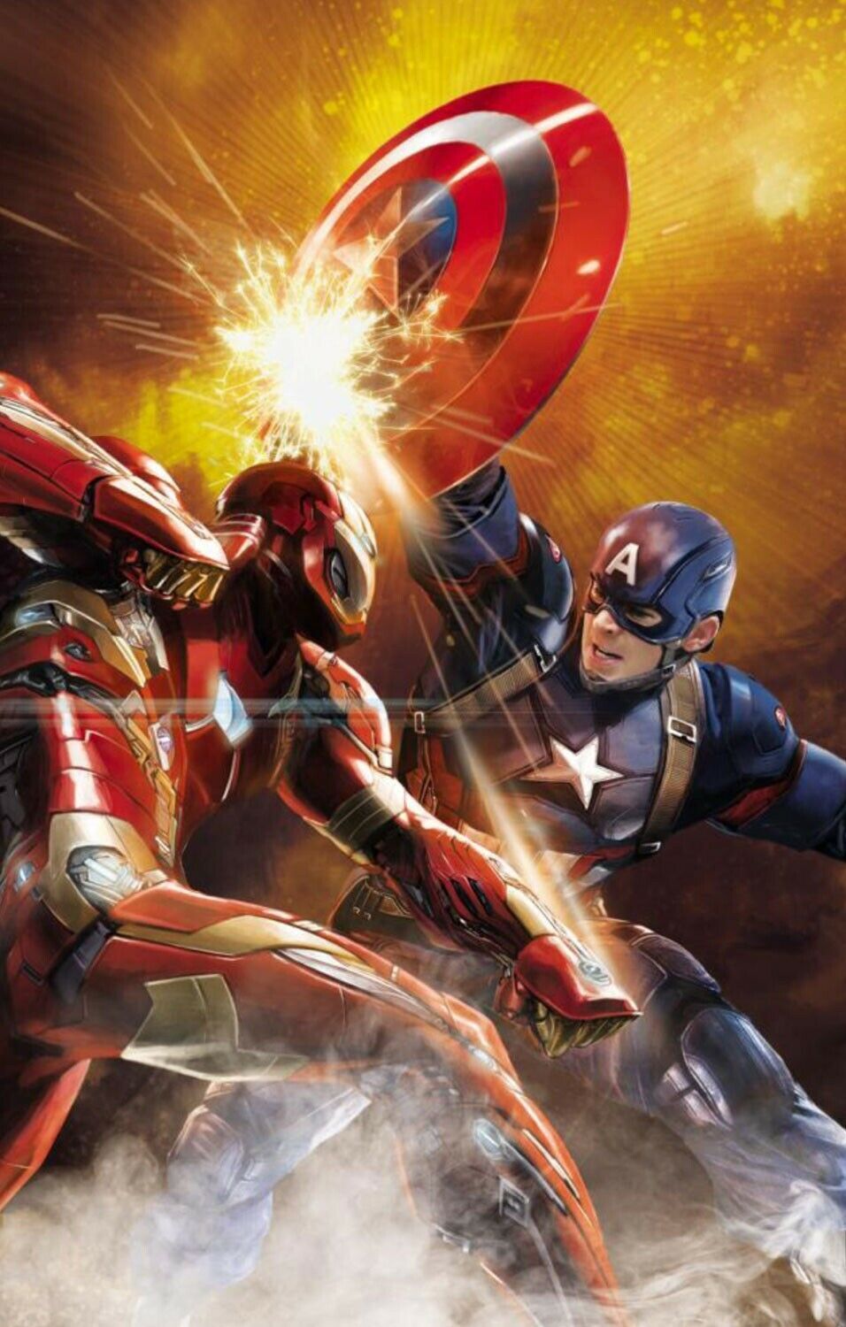 Iron Man and Captain America creating sparks as they battle, with each other.