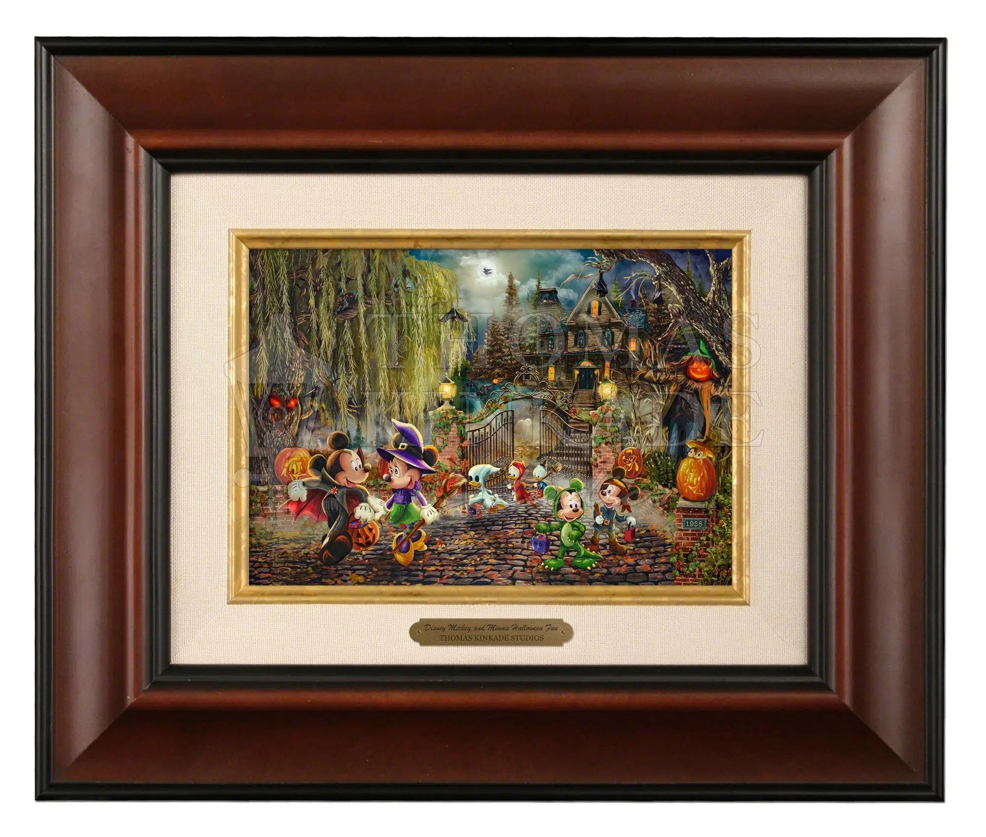Mickey and Minnie Halloween Fun By Thomas Kinkade Studios  Mickey is dressed up as a Vampire and Minnie as Witch. - Burl - Frame