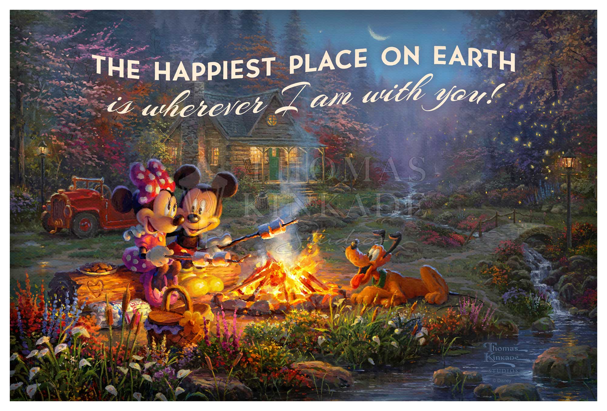 Mickey and Minnie are seen relaxing together on an old log, roasting marshmallows over a crackling campfire from the Sweetheart Series.  Wood Signs