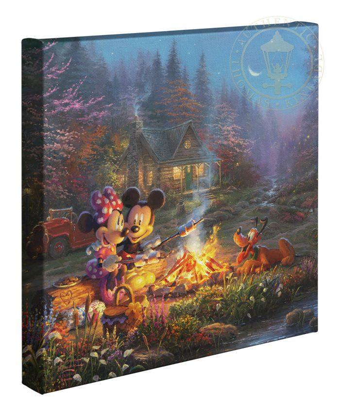 The Mickey, Minnie and Pluto sit around the campfire, and relax on an old log, roasting marshmallows over a crackling fire. 14x14