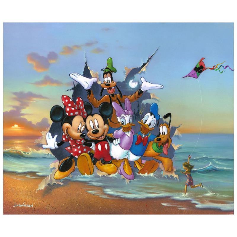 Mickey and the Gang's Grand Entrance by Jim Warren.  Mickey and the Gang of Five dashing out of an ocean painted canvas scene.