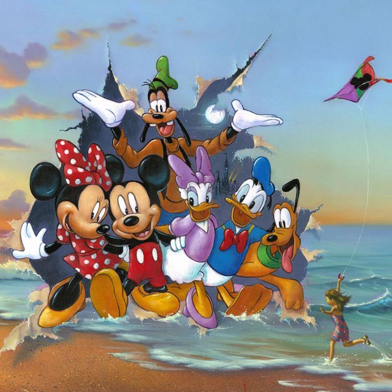 Mickey and the Gang's Grand Entrance by Jim Warren.  Mickey and the Gang of Five dashing out of an ocean painted canvas scene - closeup