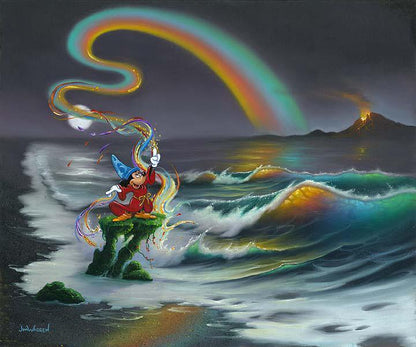 Mickey Colors the World by Jim Warren.  Mickey the sorcerer unleashes a ribbon rainbow of magical colors, as he stands on a pedestal form of rocks overlooking the active volcano at a distance.