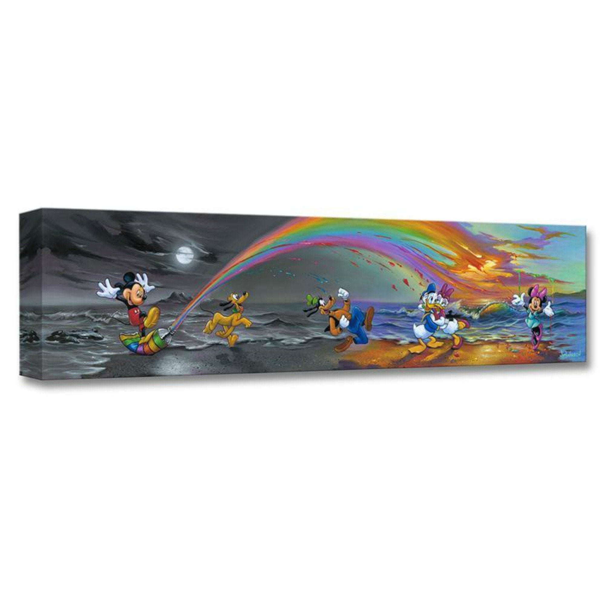 Mickey Makes Our Day by Jim Warren  Mickey squirts a rainbow of color paint over the top of Minnie, Donald, and Daisy, as they play around at the bench.