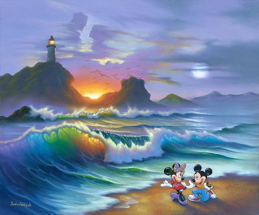 Mickey Proposes to Minnie by Jim Warren.  Mickey makes the move; on his knee and box with the engagement ring at hand, he proposes to Minnie on a beautiful sunset beach.