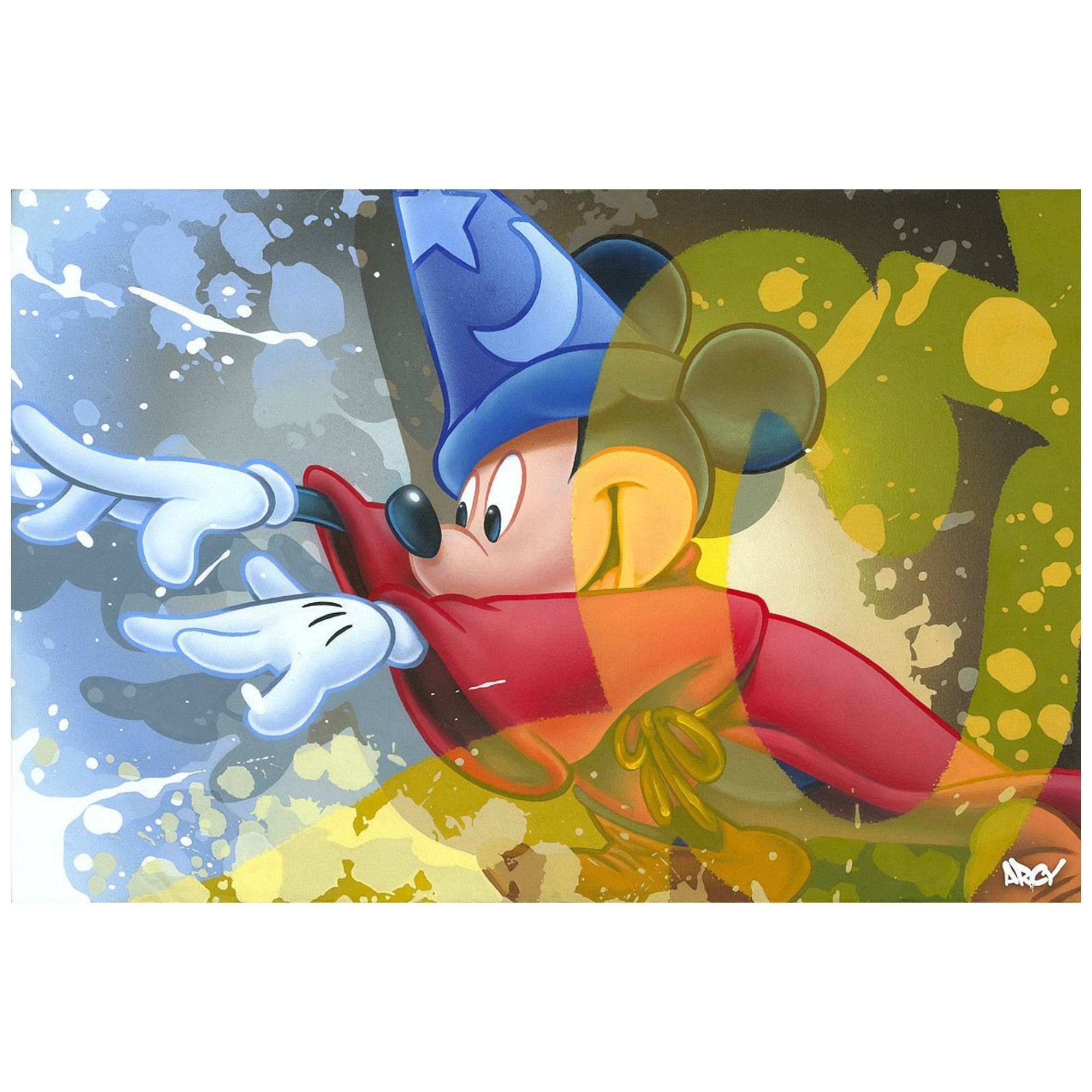 Sorcerer Mickey casts a magical spell - painted with a splash of colored background.