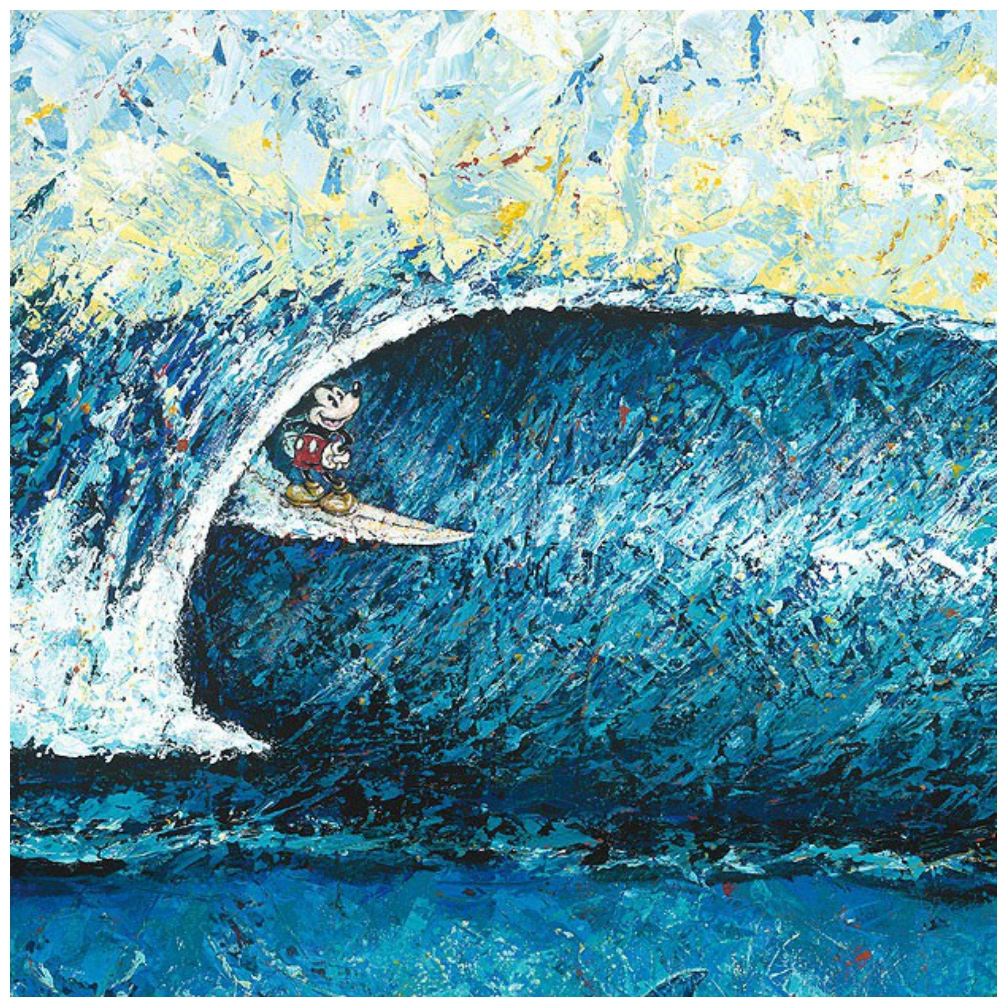  Mickeys Surfs Pipeline by Trevor Mezak.  Mickey surfing the waves above, as a pair of dolphins swim along below - closeup