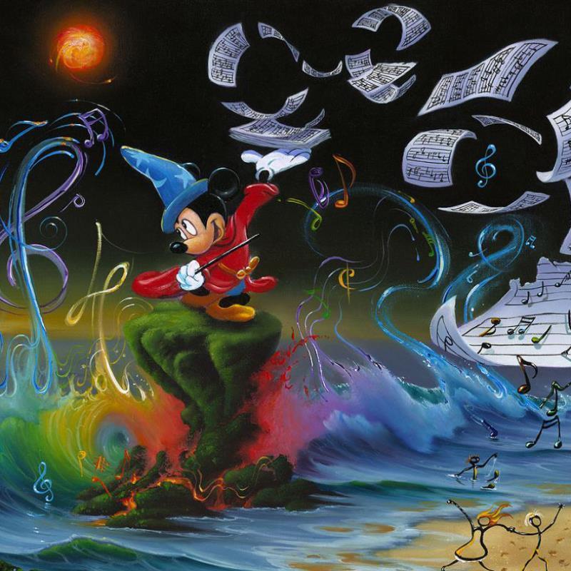 Mickey the Composer by Jim Warren.  Mickey the Sorcerer is composing music sheet-like magic, on his musical stone podium by the sea - closeup.