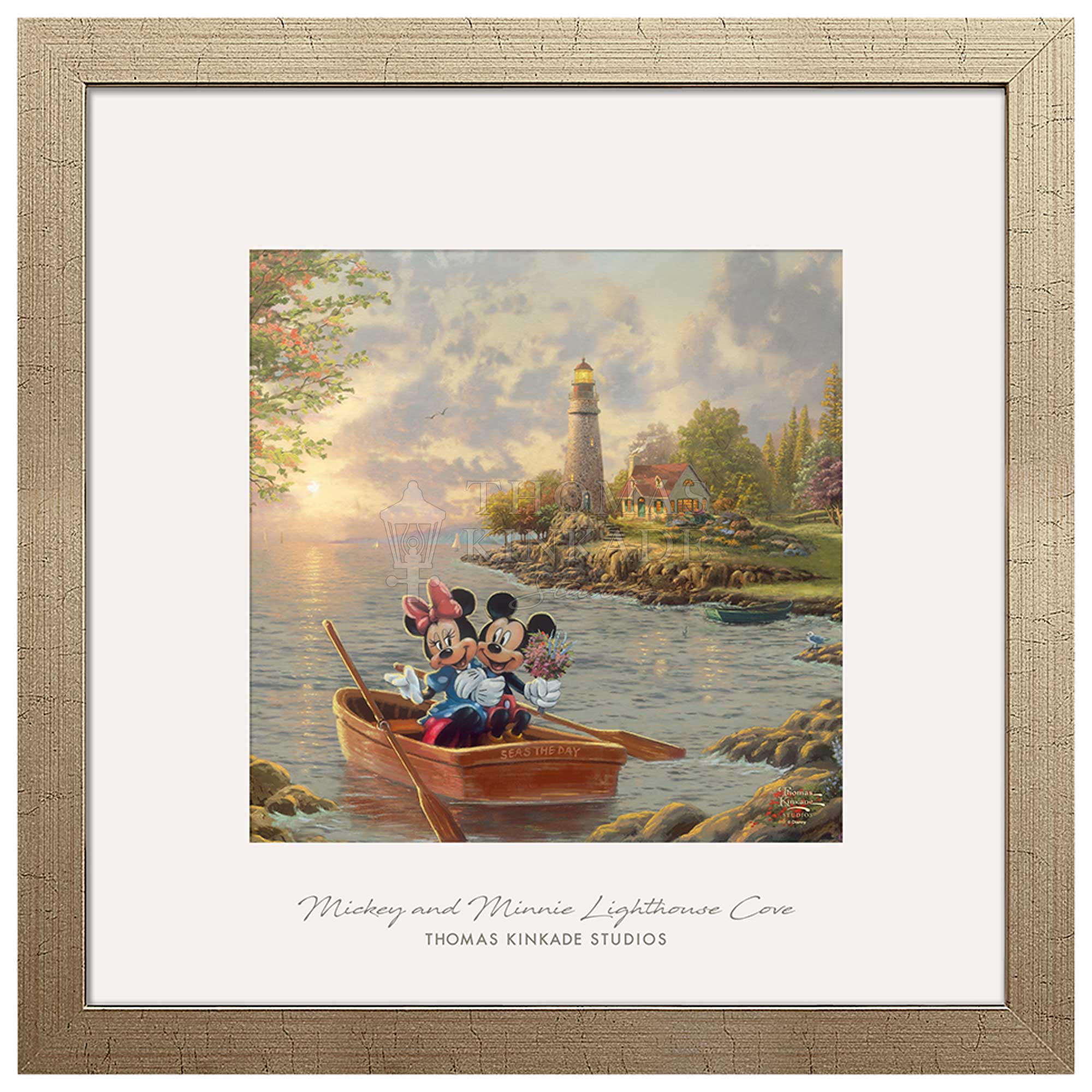 Mickey and Minnie are enjoying each other’s company as the evening breeze softly blows the waves onto the rocks. The vibrant colors of the flowers and the verdant sea grass makes the time spent together even more beautiful.