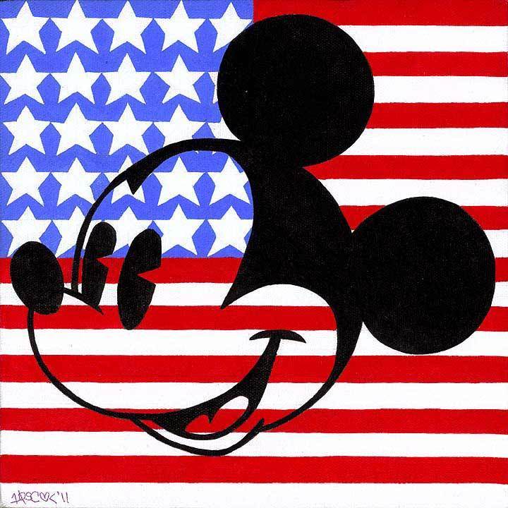 Mickey's face displays in front of the America Flag.
