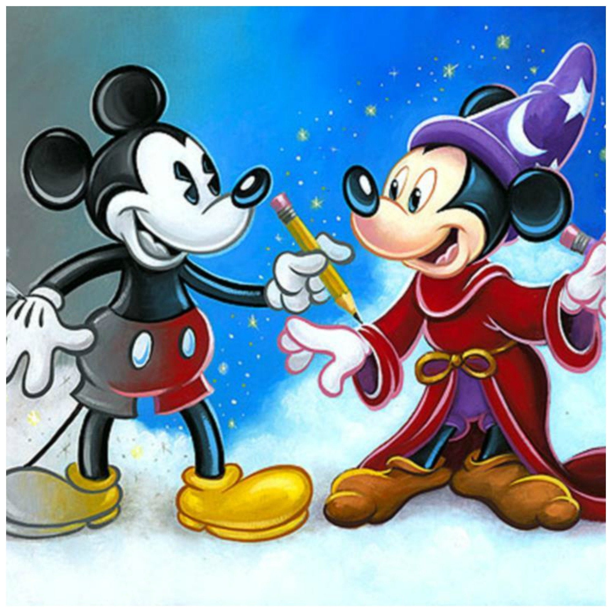 Mickey's Creative Journey by Tim Rogerson.  Mickey Mouse paints himself  through the years as Steamboat Willie, the Sorcerer,  Robinhood through today, a happy go  lucky mouse - closeup