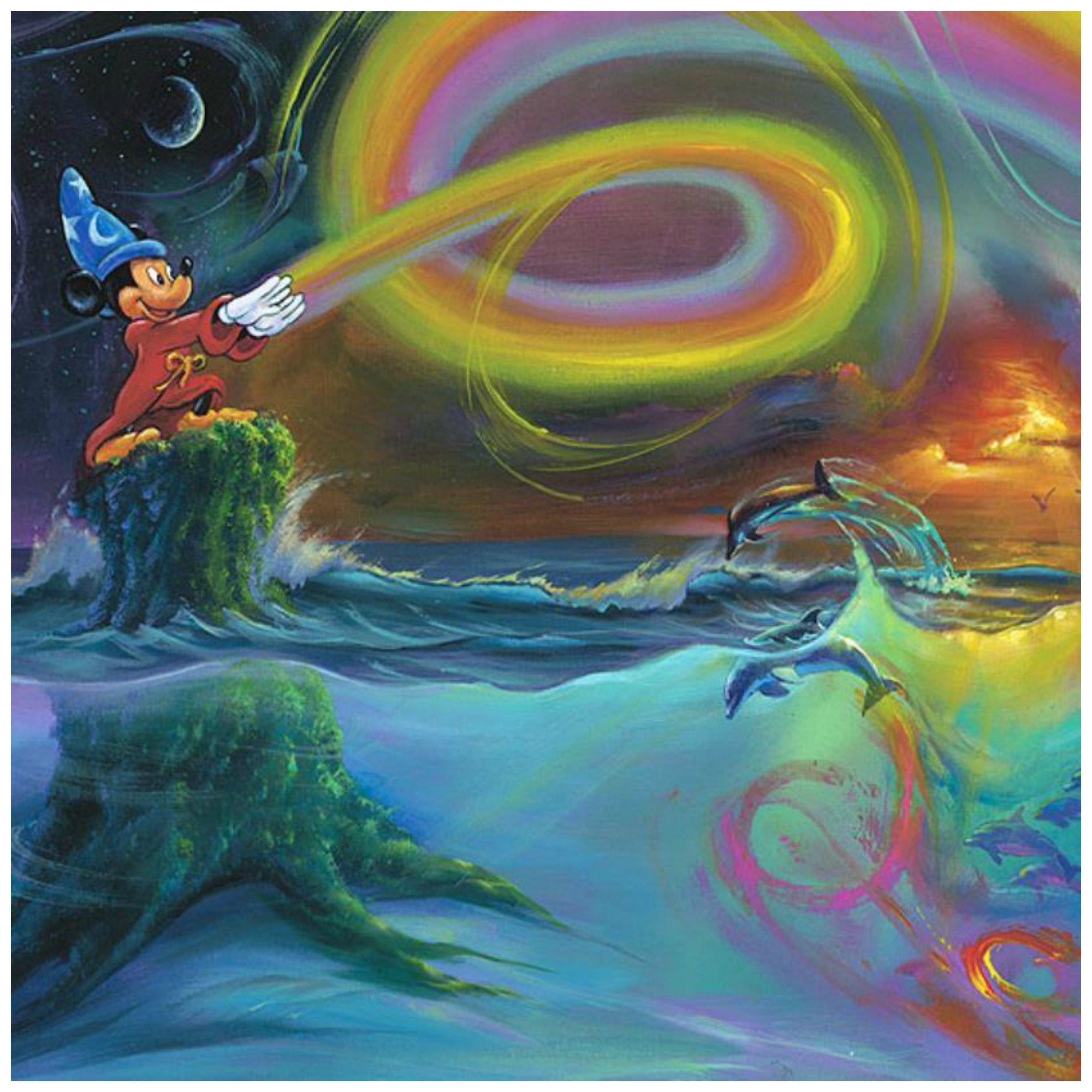 Mickey's Magical Colors by Jim Warren  Mickey the Sorcerer unleashes a magical rainbow of colors into the ocean water to get the attention of the dolphins swimming below - closeup