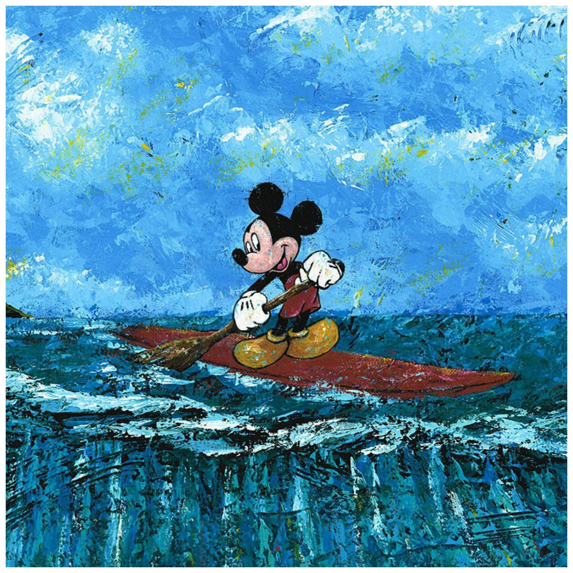 Mickey's Summer by Trevor Mezak.  Mickey standing on his surfboard as he paddles and watches the tortoise below -closeup