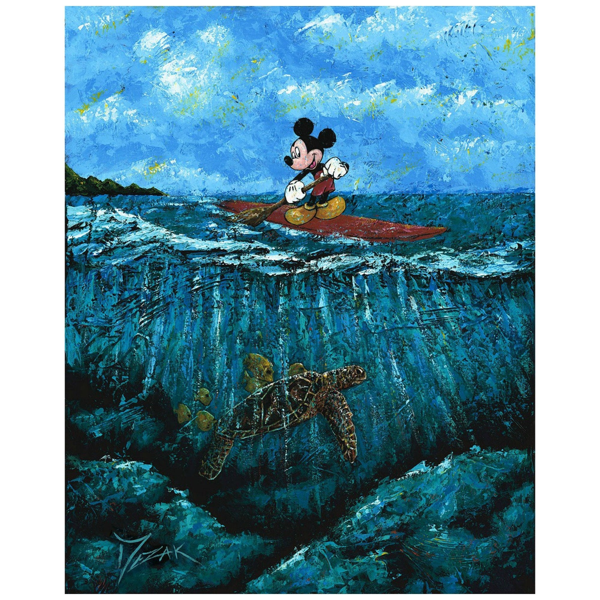 Mickey's Summer by Trevor Mezak.  Mickey standing on his surfboard as he paddles and watches the tortoise below.