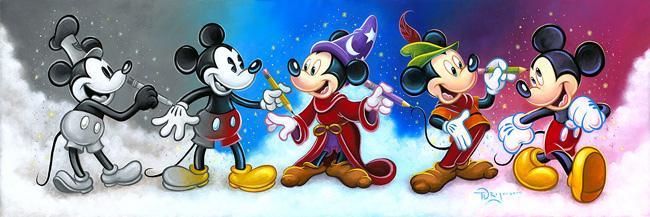 Mickey's Creative Journey by Tim Rogerson.  Mickey Mouse paints himself  through the years as Steamboat Willie, the Sorcerer,  Robinhood through today, a happy go  lucky mouse!