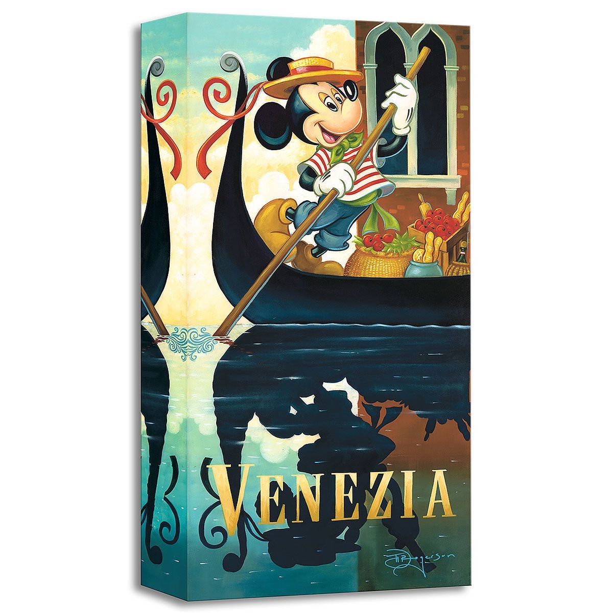 Mickey the Gondolier steers his Venetian gondola through Italy's water canals, wearing. red striped tee shirt and a straw boater with matching band. 
