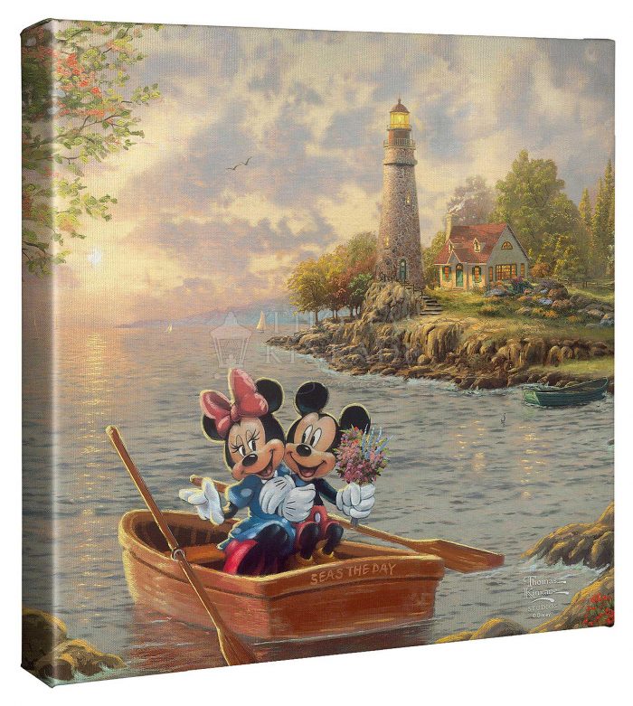 Mickey and Minnie enjoying each other’s company as the evening breeze softly blows the waves onto the rocks. 14x14