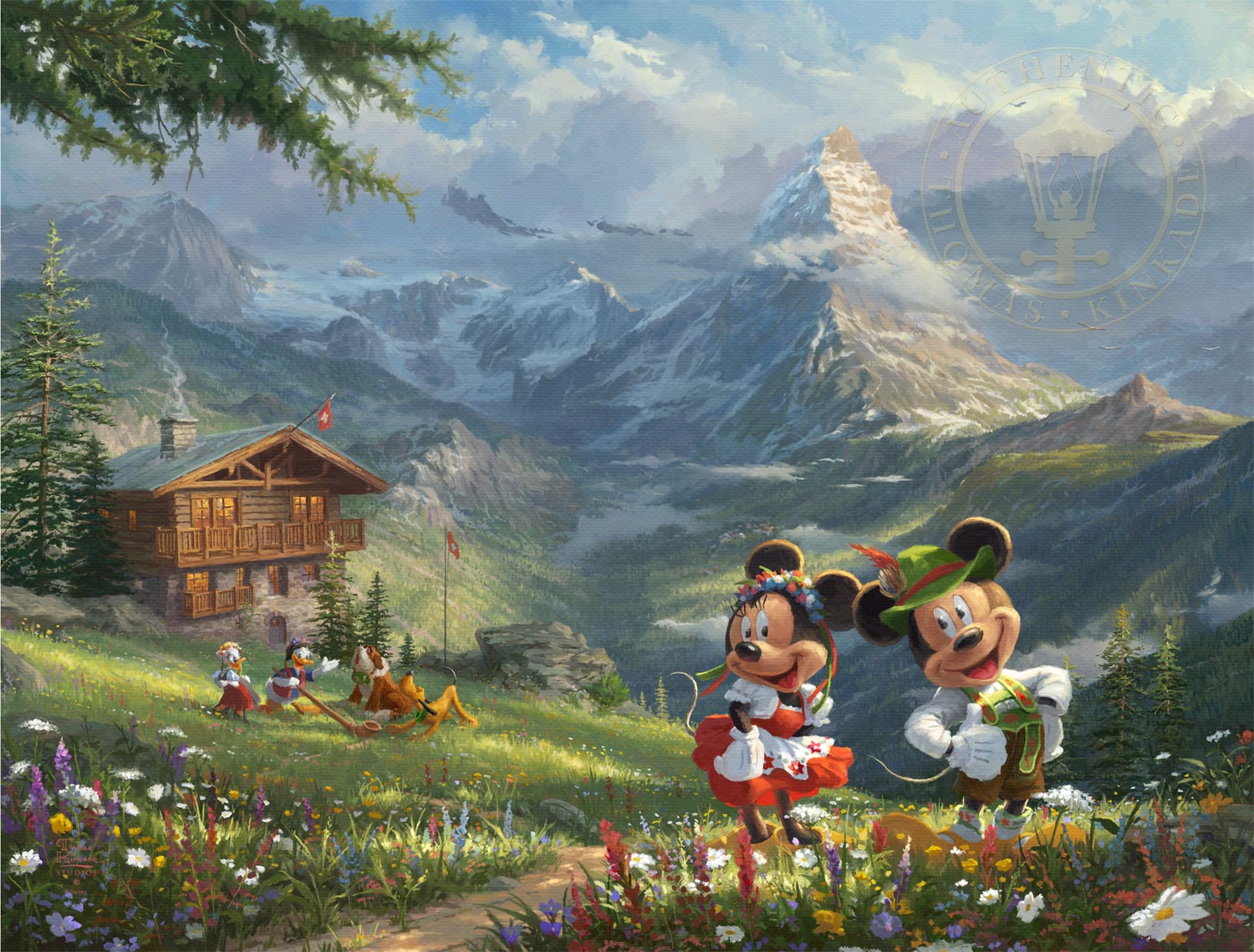 Mickey, Minnie, and Daisy dressed in the traditional Swiss attire, at a distance near the log cabin Donald, Daisy and Pluto have found a new friend. - Unframed