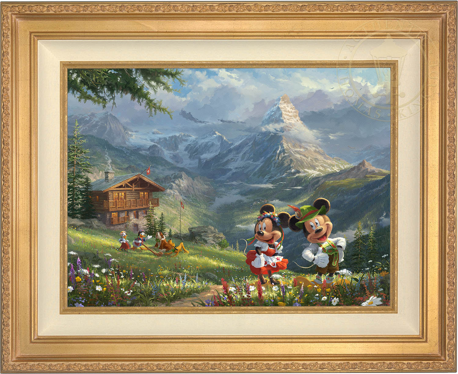 Mickey, Minnie, and Daisy dressed in the traditional Swiss attire, at a distance near the log cabin Donald, Daisy and Pluto have found a new friend. Antique Gold Frame