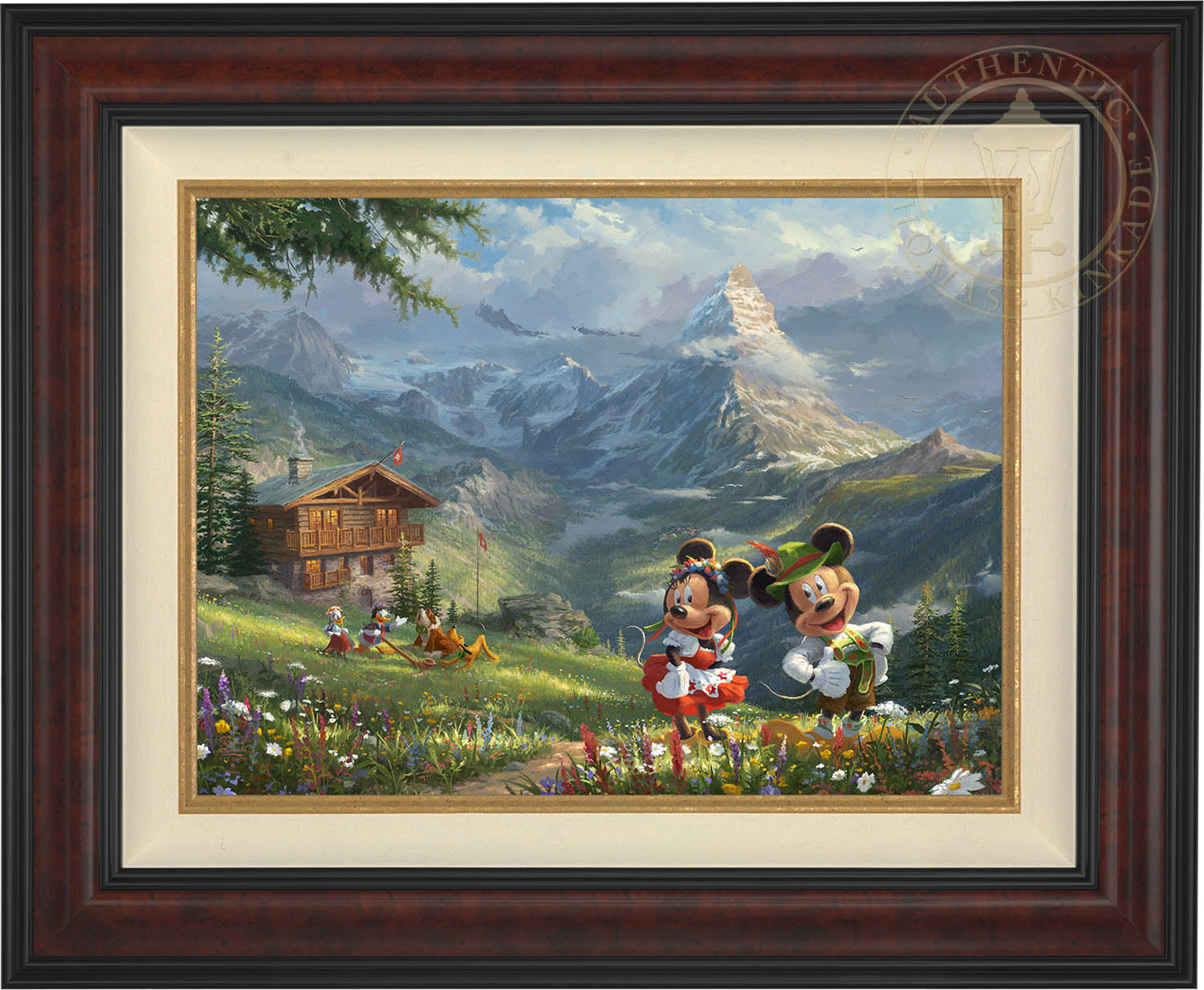 Mickey, Minnie, and Daisy dressed in the traditional Swiss attire, at a distance near the log cabin Donald, Daisy and Pluto have found a new friend. Burl Frame