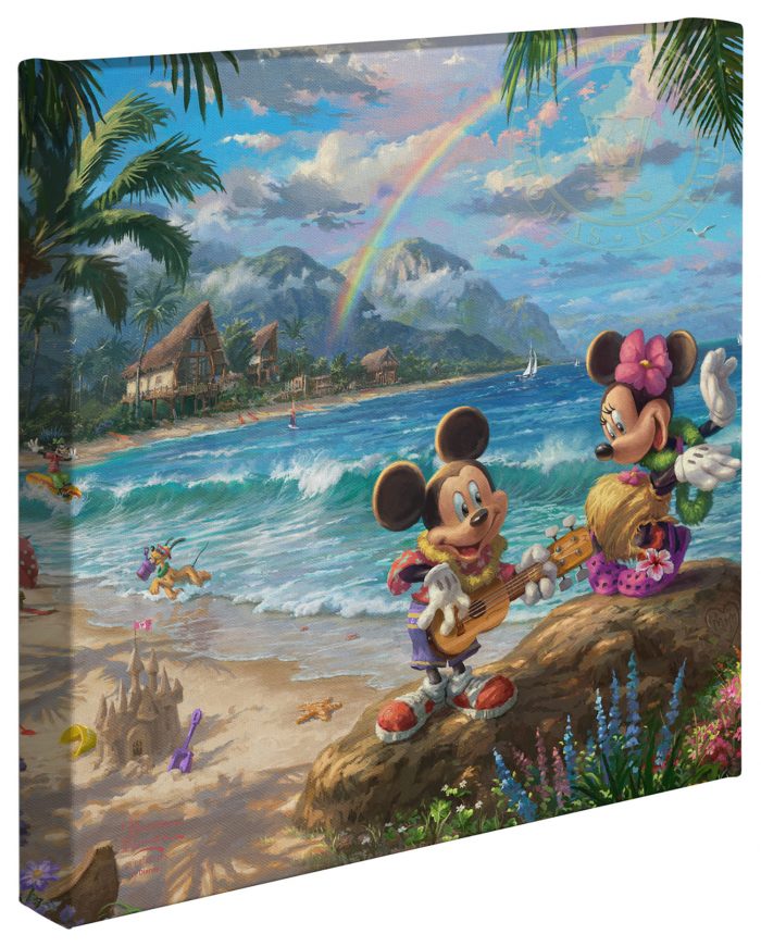 Mickey and Minnie in Hawaii; the first painting in the Passport to Adventure Collection.   Beneath the rainbow covered mountains, one of Hawaii’s most beautiful beaches 14 x14