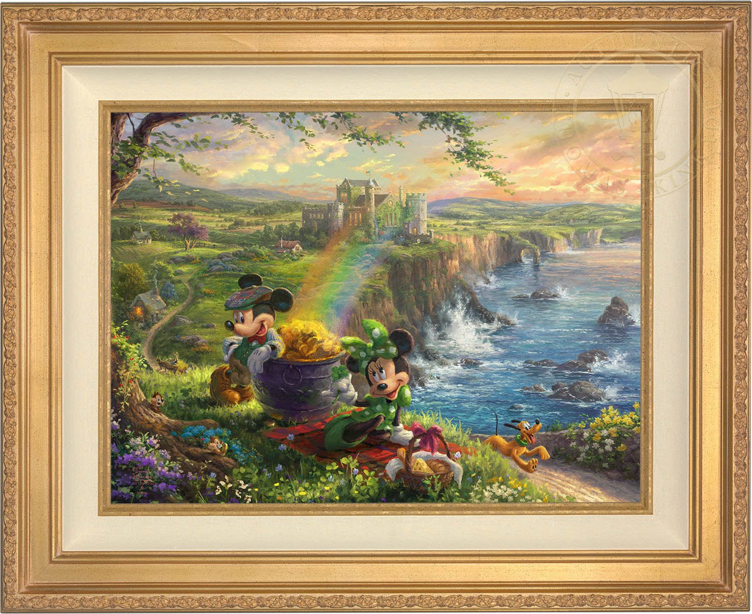 Dressed in the Irish's traditional color, Mickey and Minnie seem to have luck on their side.  Antique Gold Frame