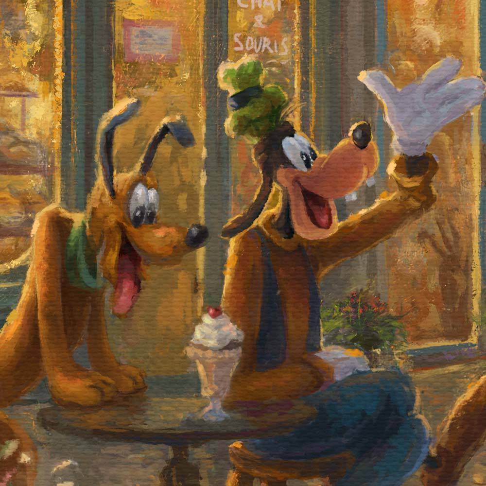 Goofy greets his friends passing by, Pluto can’t help but drool over the ice cream sundae that is left unattended - closeup