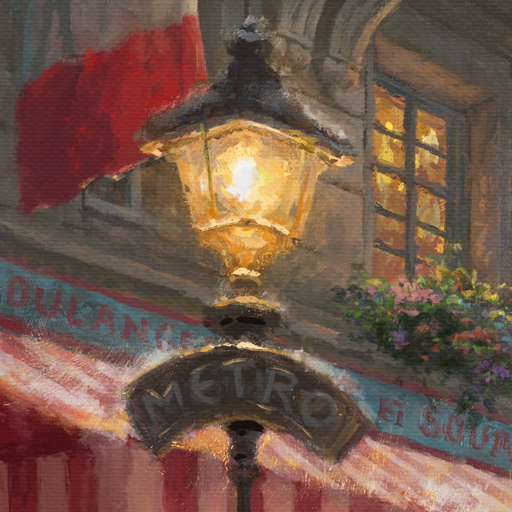 Thomas Kinkade’s traditional lamppost can be seen by lighting every storefront - closeup