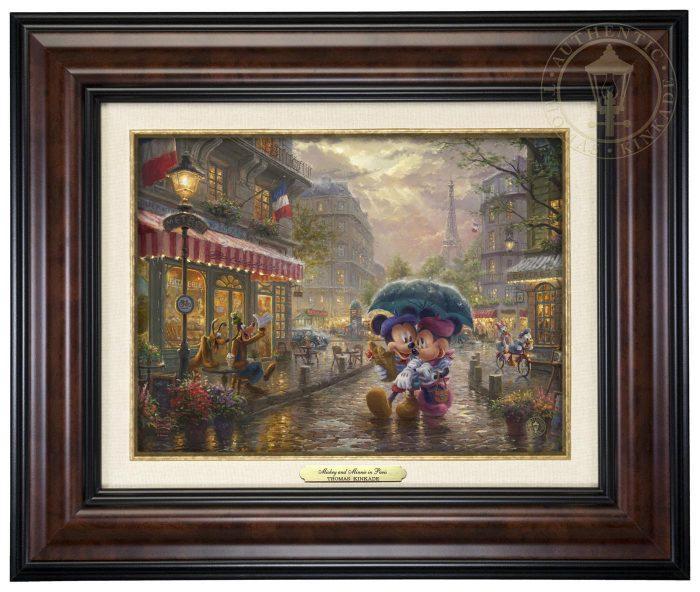 Mickey and Minnie in Paris by Thomas Kinkade Studios.  Dressed in traditional French attire, Mickey and Minnie enjoy playing tourist in their berets and striped shirts after spending the morning at the cafe - burl frame