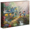 Mickey Mouse and Minnie Mouse join hands on Sweetheart Bridge. Has Mickey come courting to Minnie’s home? Surrounded by a flower-filled countryside, love appears to be in the air. 8x10