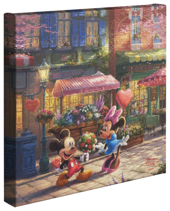 Mickey presents Minnie with a bouquet and a heart-shaped box of chocolate in front of Cafe Bristo. 14x14