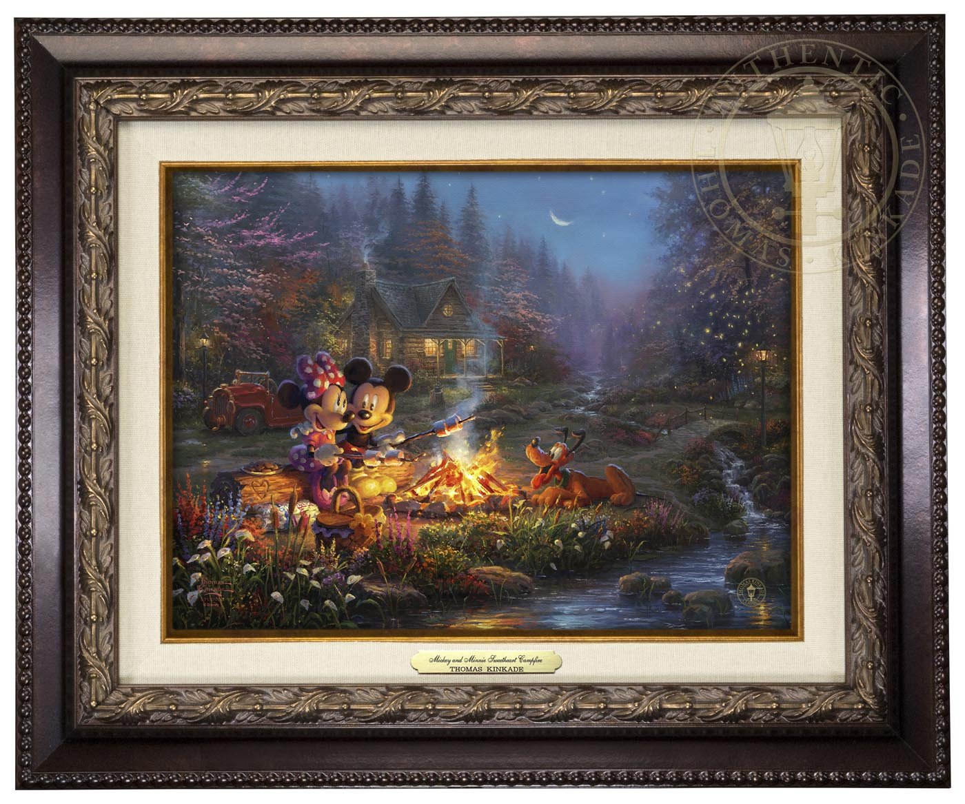 Mickey and Minnie are seen relaxing together on an old log, roasting marshmallows over a crackling campfire after spending a long day of exploring the vast trails of the forest - Aged Bronze Frame