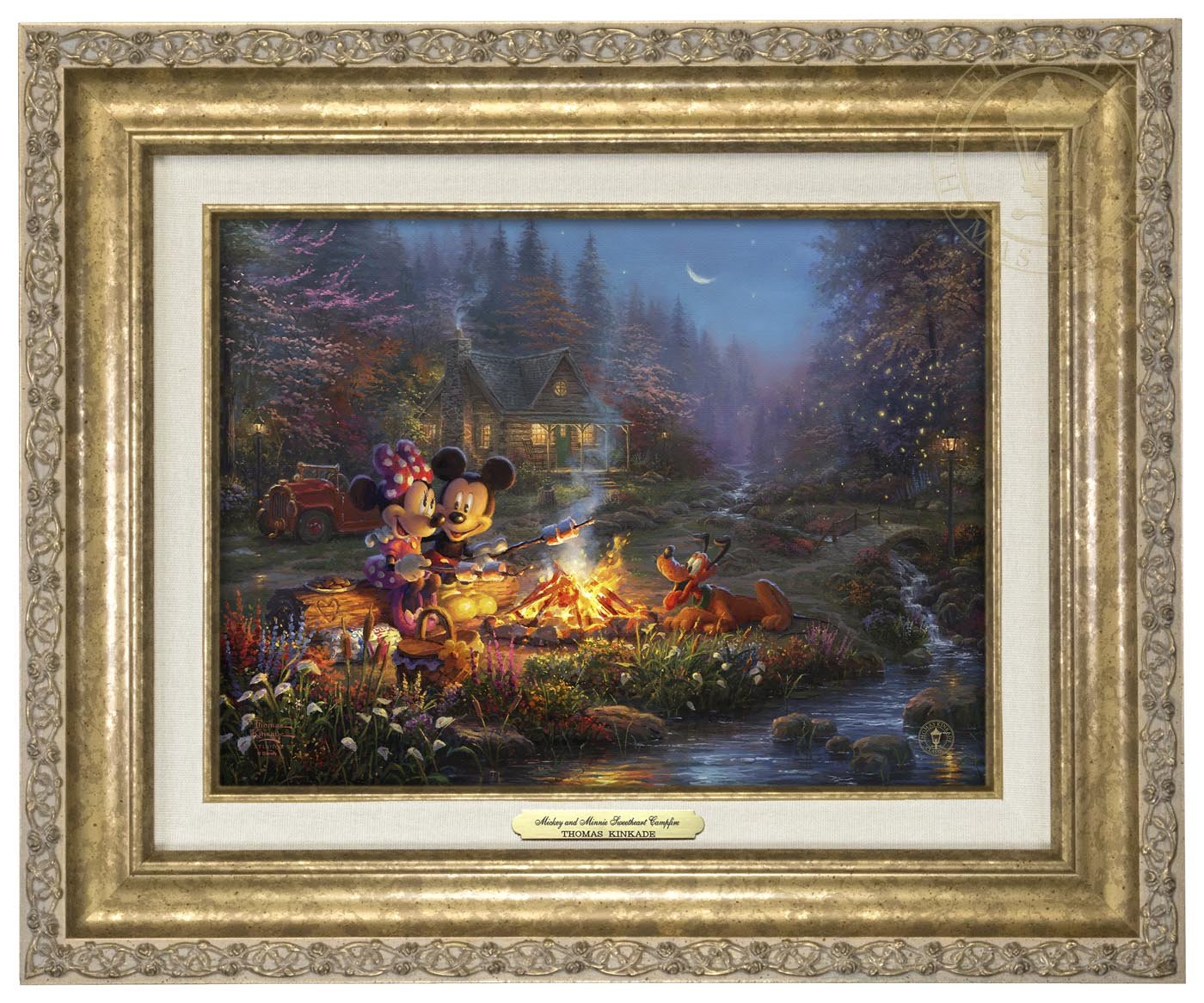 Mickey and Minnie are seen relaxing together on an old log, roasting marshmallows over a crackling campfire after spending a long day of exploring the vast trails of the forest - Antique Gold Frame