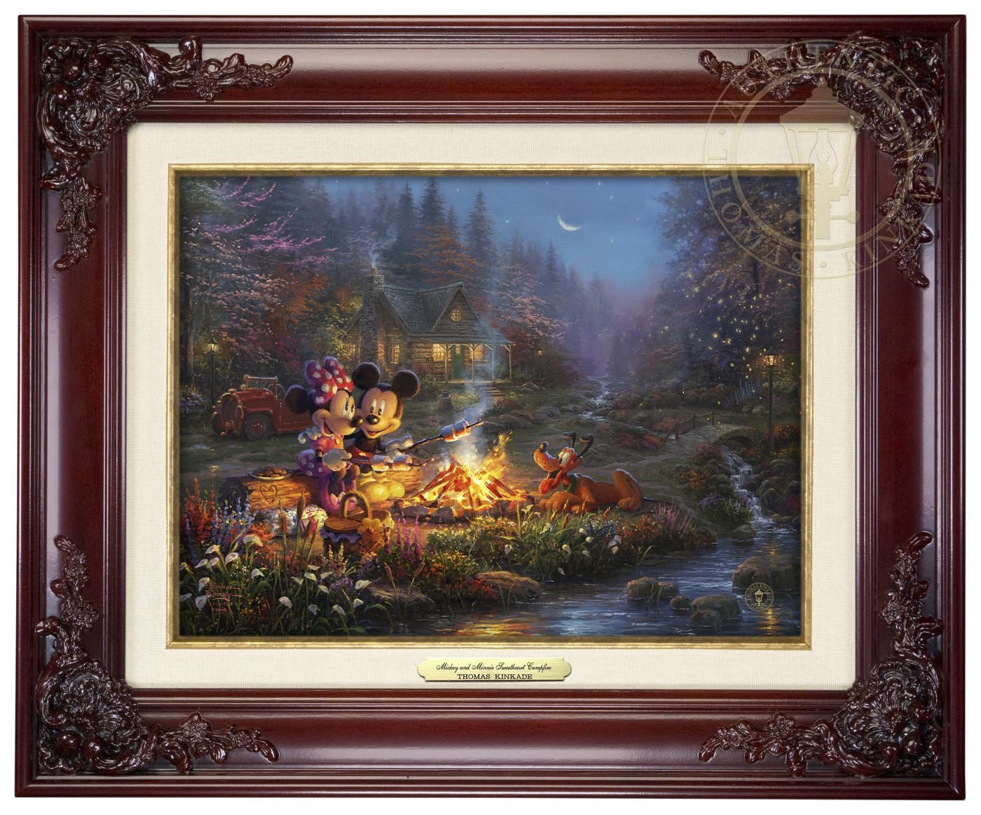 Mickey and Minnie are seen relaxing together on an old log, roasting marshmallows over a crackling campfire after spending a long day of exploring the vast trails of the forest - Brandy Frame