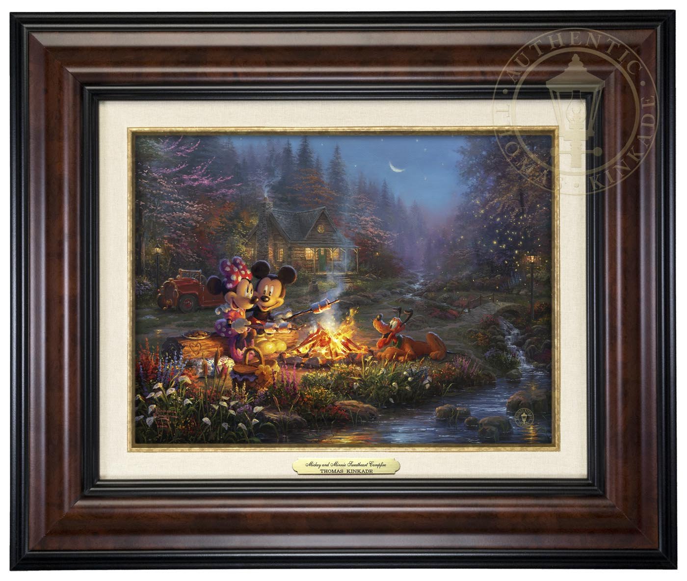 Mickey and Minnie are seen relaxing together on an old log, roasting marshmallows over a crackling campfire after spending a long day of exploring the vast trails of the forest - Burl Frame