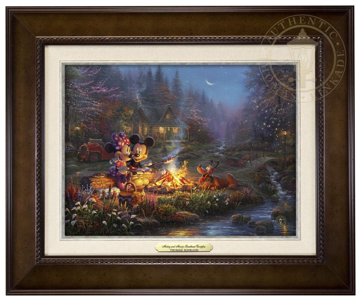 Mickey and Minnie are seen relaxing together on an old log, roasting marshmallows over a crackling campfire after spending a long day of exploring the vast trails of the forest - Espresso Frame