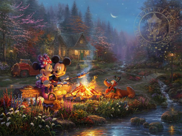 Mickey and Minnie are seen relaxing together on an old log, roasting marshmallows over a crackling campfire. 