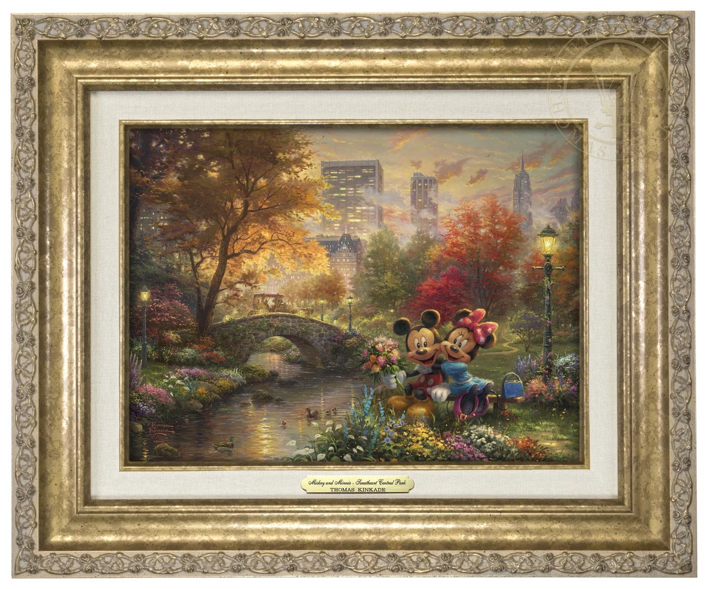 As Mickey Mouse hands Minnie Mouse a beautiful bouquet, a thankful Minnie throws her arms around Mickey’s neck - Antique Gold Frame