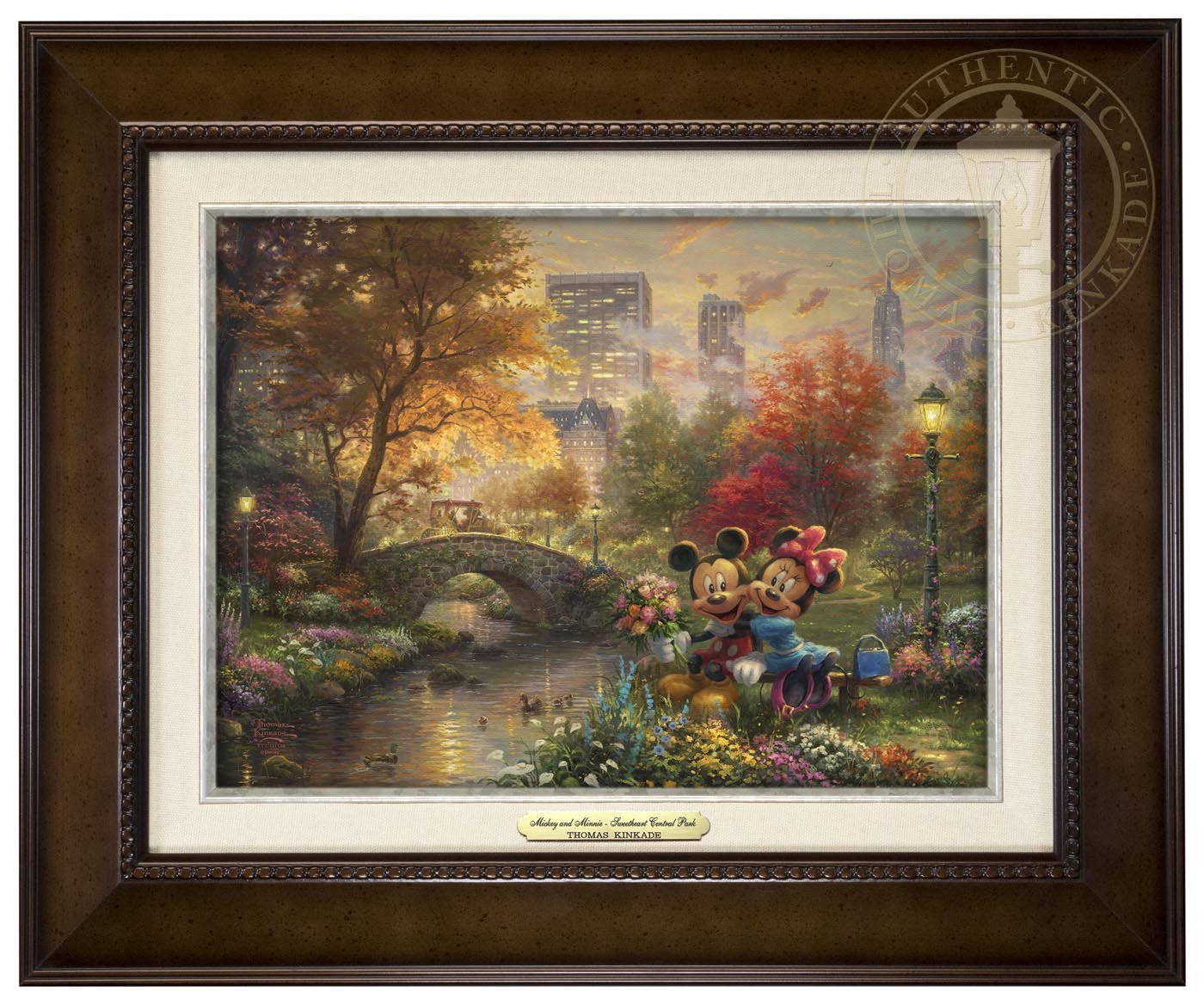 As Mickey Mouse hands Minnie Mouse a beautiful bouquet, a thankful Minnie throws her arms around Mickey’s neck - Espresso Frame