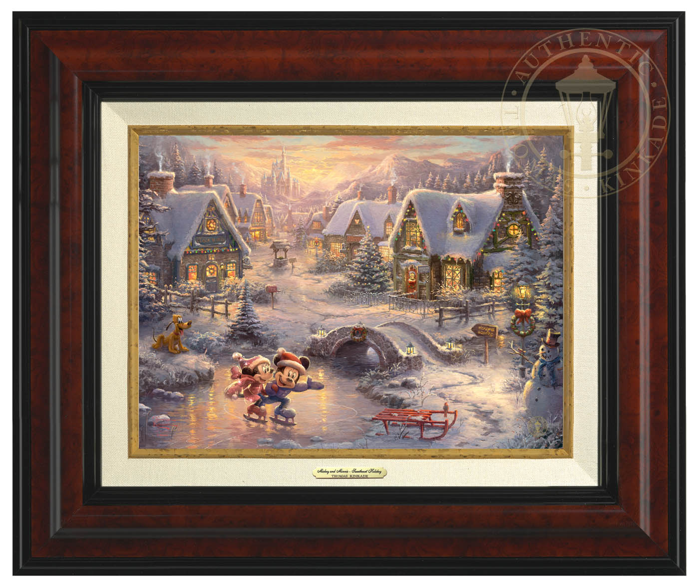 Mickey Mouse and Minnie Mouse joyfully skate across a frozen pond, celebrating the magic of the Holidays together. Burl Frame