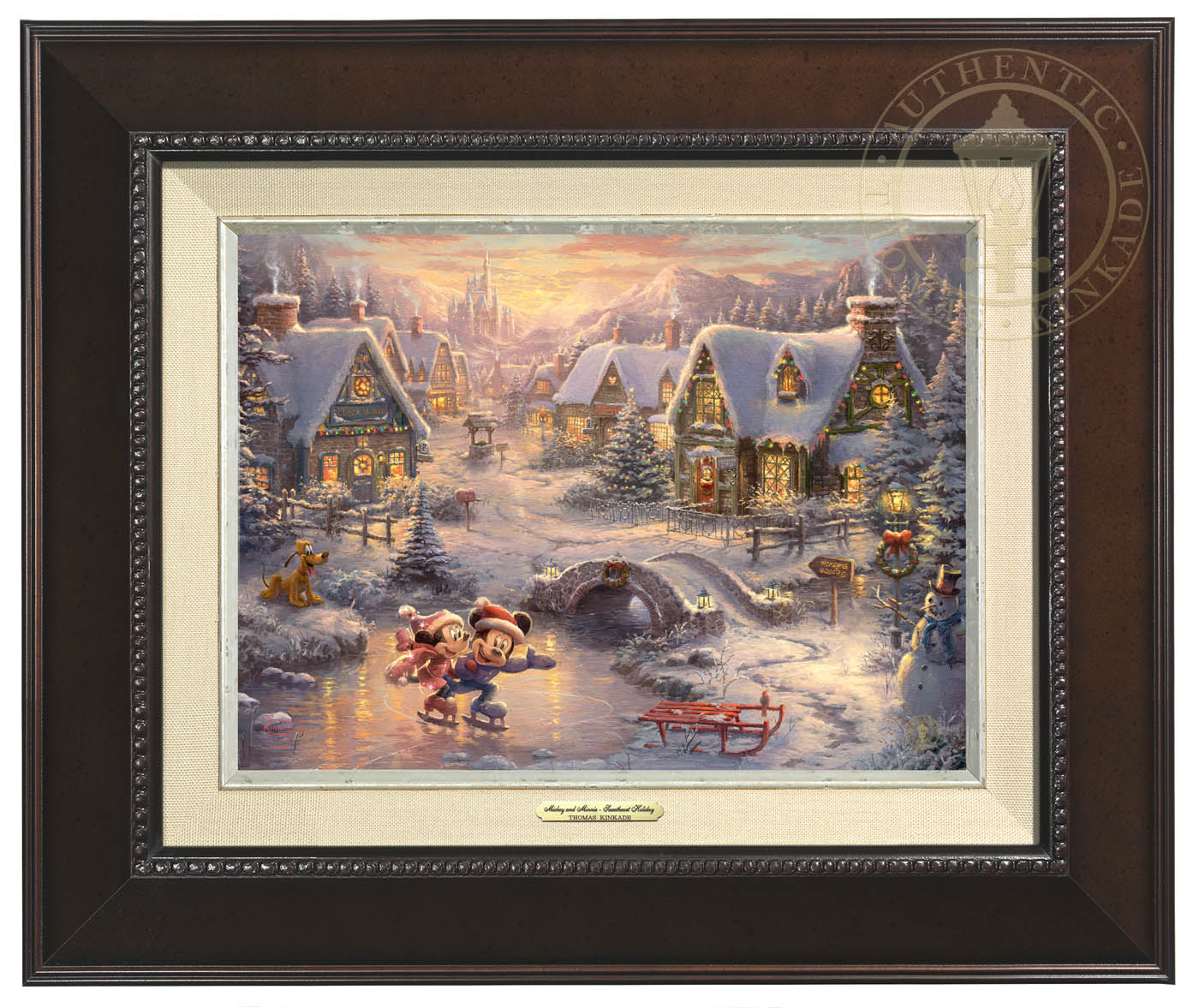 Mickey Mouse and Minnie Mouse joyfully skate across a frozen pond, celebrating the magic of the Holidays together. Espresso  Frame