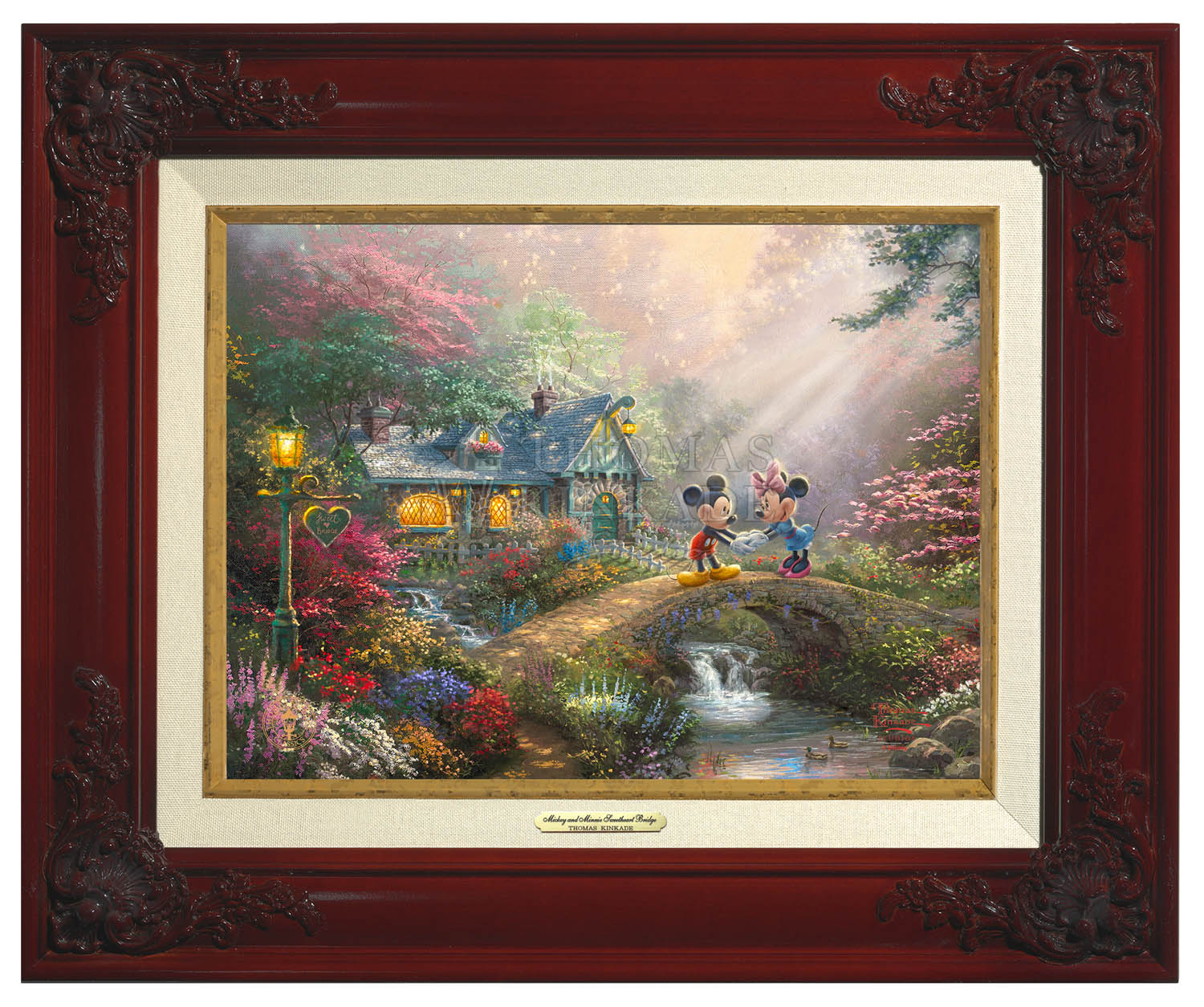 Mickey and Minnie join hands on Sweetheart Bridge.  Brandy Frame