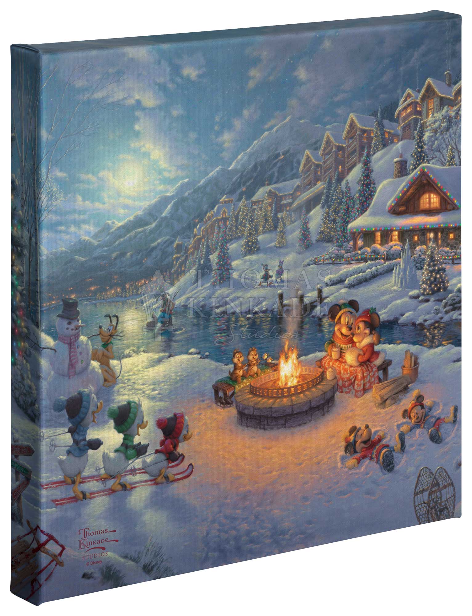 Holiday lights sparkle, and brilliant white snow glistens as some of our favorite Disney friends enjoy the season's festivities in a beautiful winter wonderland! 14x14 Gallery Wraps