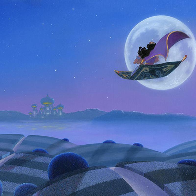 Moon Over Agrabah by Michael Provenza.  Aladdin and Jasmine flying over Agrabah on the magic carpet- closeup