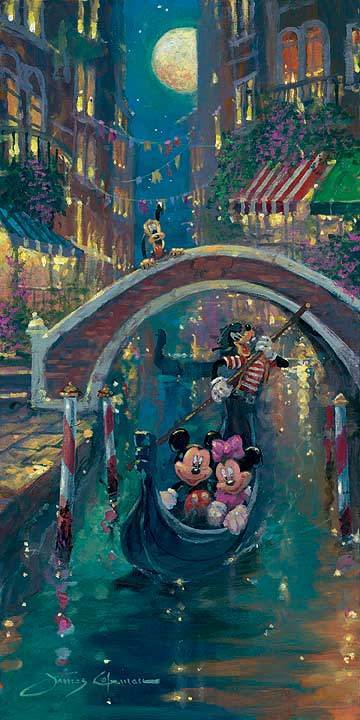 Mickey and Minnie enjoy a moonlight evening in a  gondola, as Goofy navigates them through the Venice&
