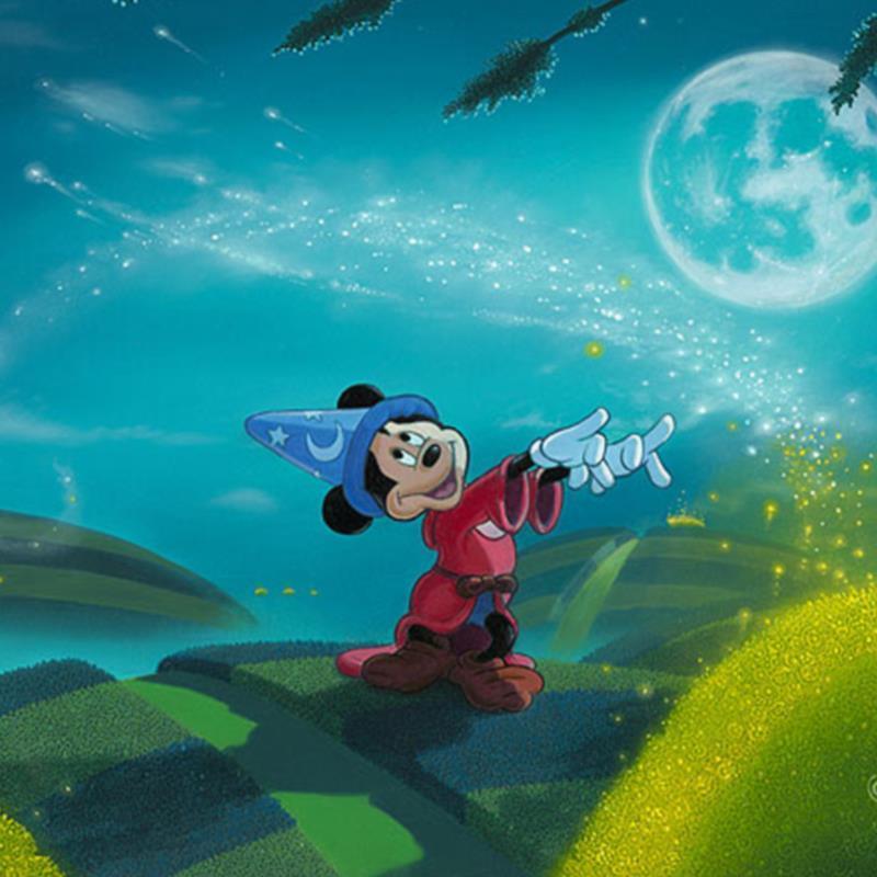 Moonlit Magic by Michael Provenza  Mickey the Sorcerer creates magic gold dust under the moonlit- closeup. 
