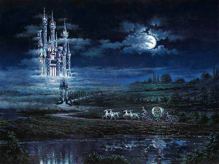 Cinderella and her magical horses and carriage approaching the Castle